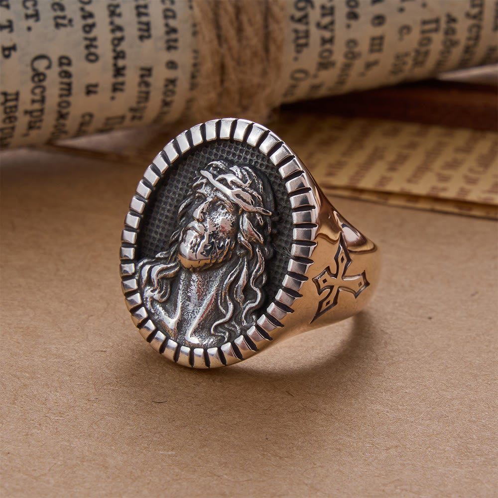 Christianartworkshop Vintage Christ Jesus Head Cross Blessing Ring - US 13 - Silver - image 1
