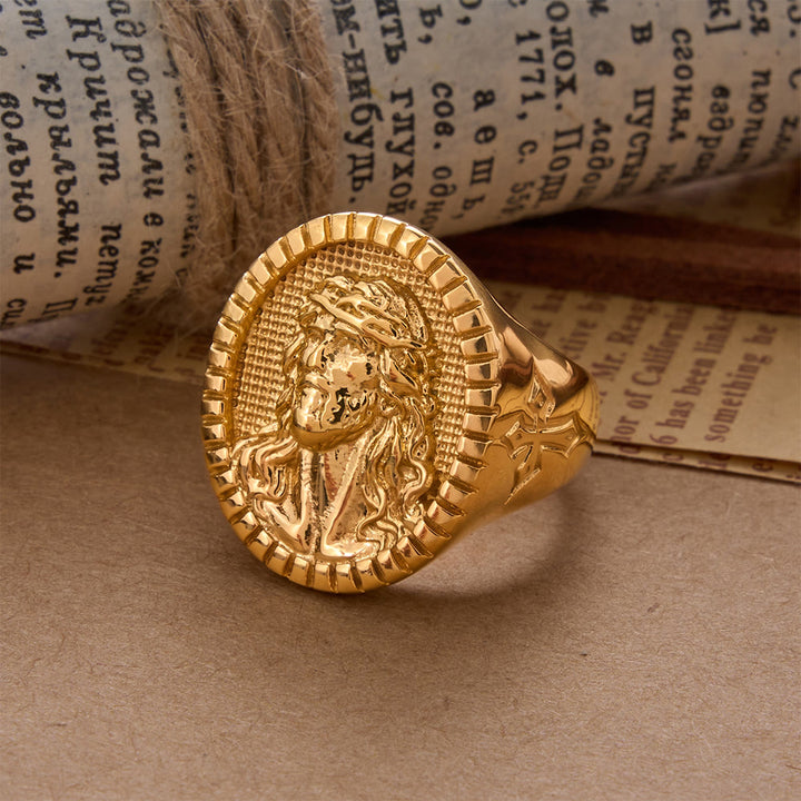 Christianartworkshop Vintage Christ Jesus Head Cross Blessing Ring - US 13 - Golden - image 4