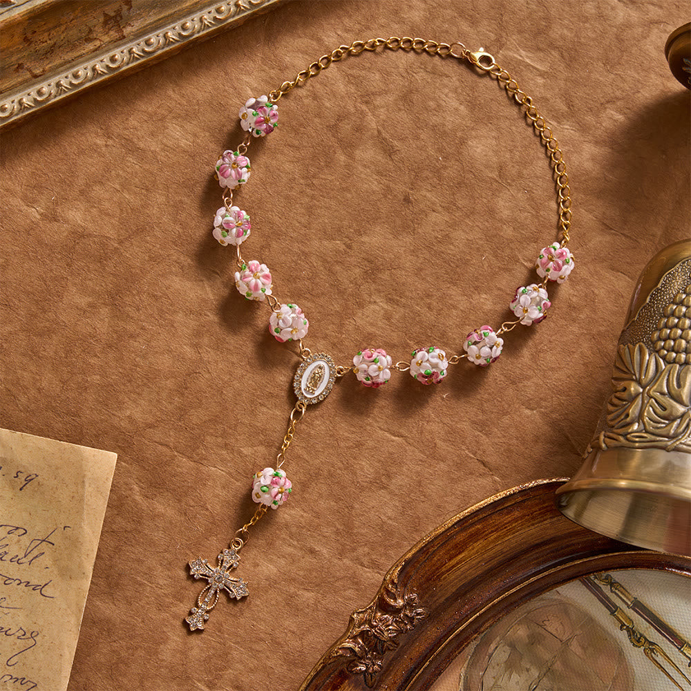 Christianartworkshop Ornate Jeweled Gold Cross Floral Glass Car Rosary: Token of Heavenly Travel Protection - Floral Beads Rosary - image 0