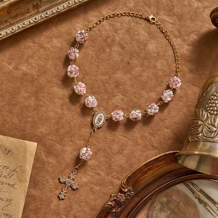 Christianartworkshop Ornate Jeweled Gold Cross Floral Glass Car Rosary: Token of Heavenly Travel Protection - Floral Beads Rosary - image 0