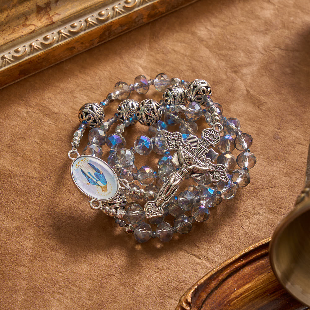 FREE Today: Iridescent Faceted Glass Rosary With Vintage Silver Spacers & Marian Enamel Medallion - image 4