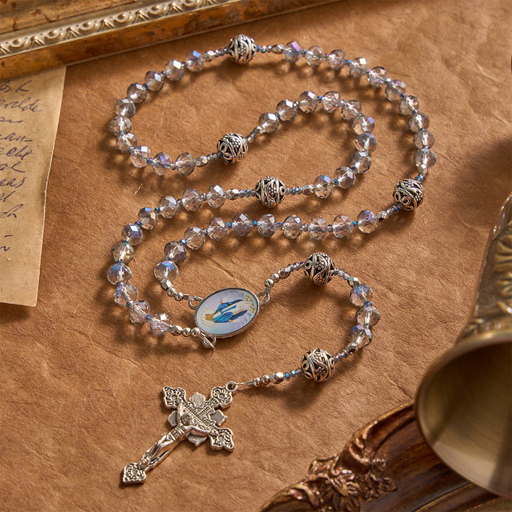 FREE Today: Iridescent Faceted Glass Rosary With Vintage Silver Spacers & Marian Enamel Medallion - Iridescent Beads Our Lady Rosary - image 0