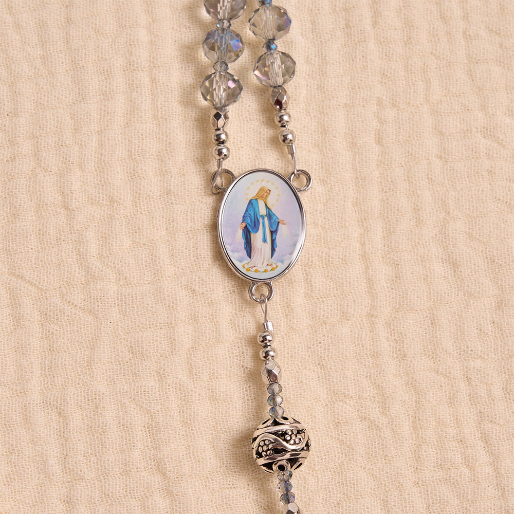 FREE Today: Iridescent Faceted Glass Rosary With Vintage Silver Spacers & Marian Enamel Medallion - image 6