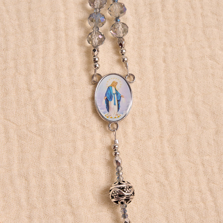 FREE Today: Iridescent Faceted Glass Rosary With Vintage Silver Spacers & Marian Enamel Medallion - image 6