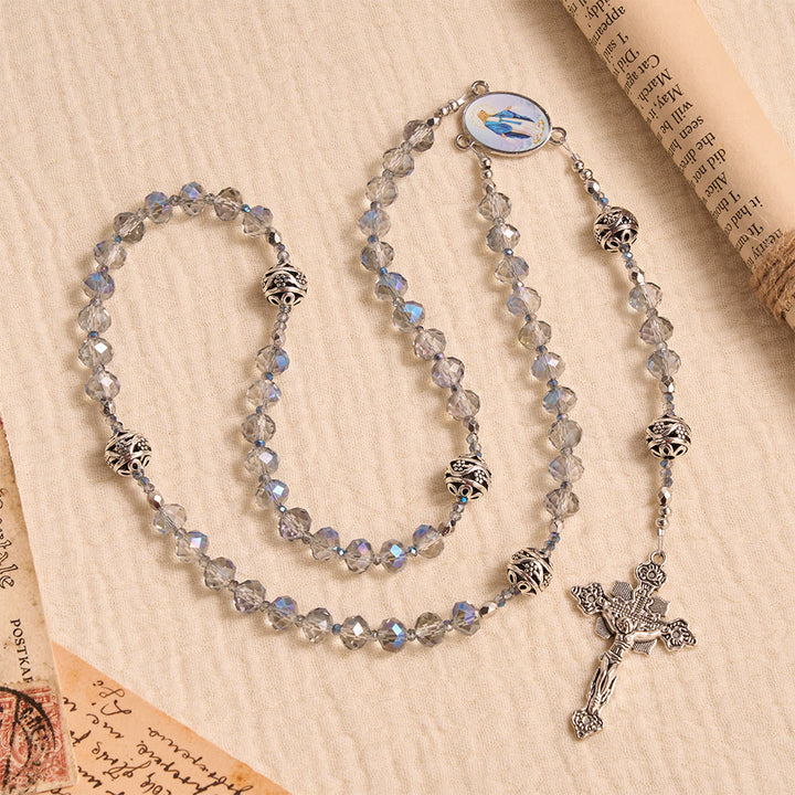 FREE Today: Iridescent Faceted Glass Rosary With Vintage Silver Spacers & Marian Enamel Medallion - image 3