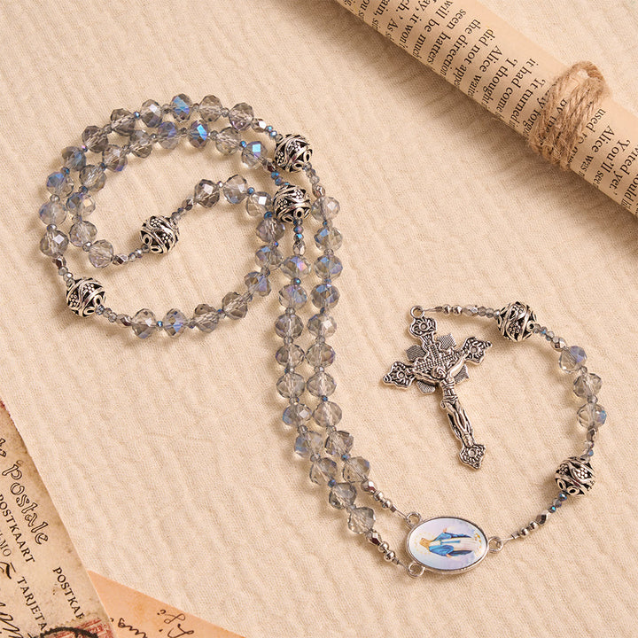 FREE Today: Iridescent Faceted Glass Rosary With Vintage Silver Spacers & Marian Enamel Medallion - image 2