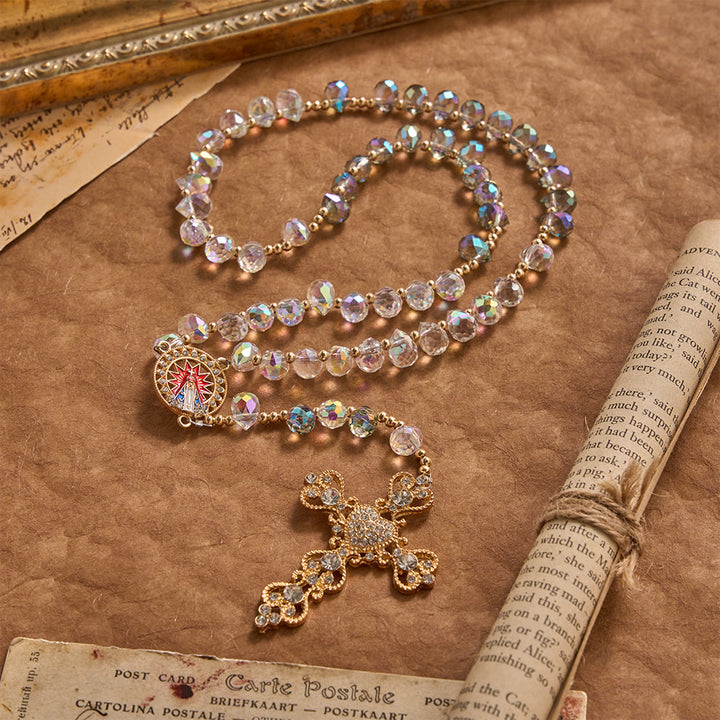 FREE Today: Gradient Iridescent Teardrop Glass Rosary With Jeweled Gilded Cross & Our Lady of Aparecida Medallion - image 2