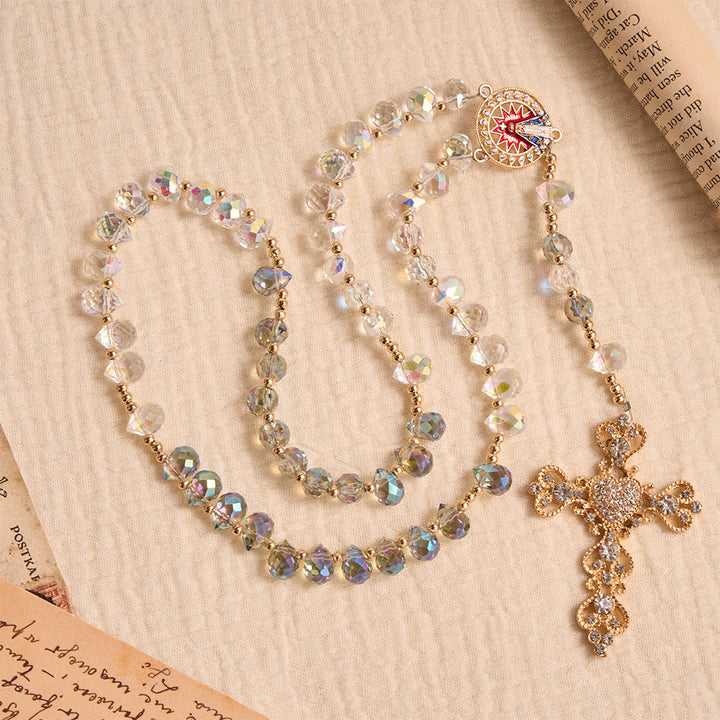 FREE Today: Gradient Iridescent Teardrop Glass Rosary With Jeweled Gilded Cross & Our Lady of Aparecida Medallion - image 3