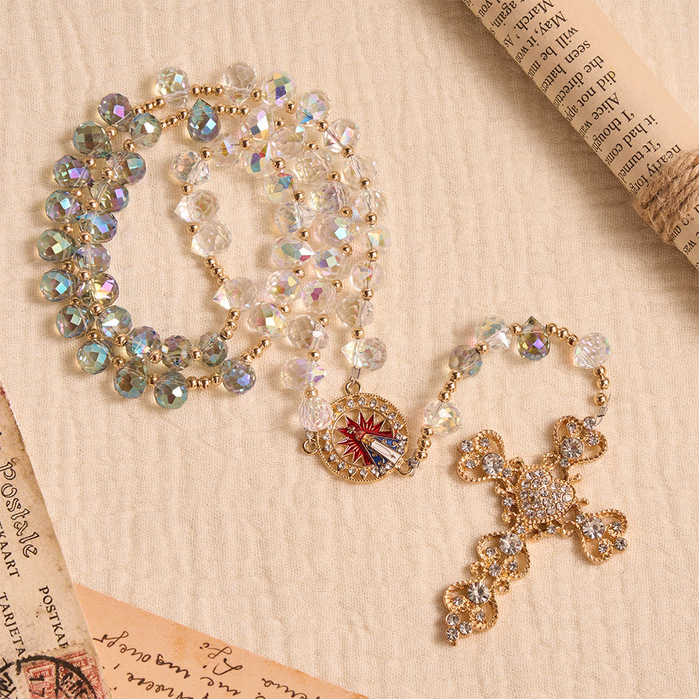 Christianartworkshop Gradient Iridescent Teardrop Glass Rosary With Jeweled Gilded Cross & Our Lady of Aparecida Medallion - Teardrop Glass Rosary - image 0