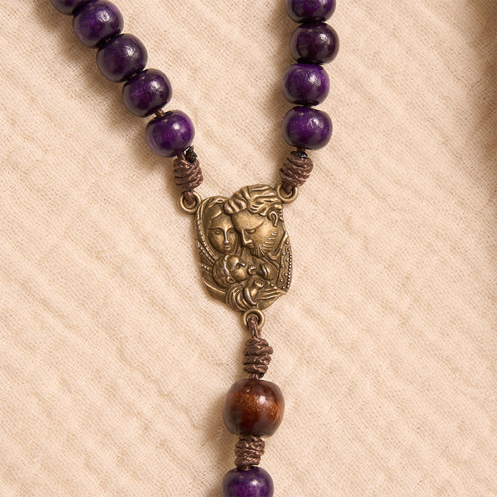 Christianartworkshop Purple Wooden Rosary With Bronze Crucifix & Embossed Holy Family Medallion - image 6