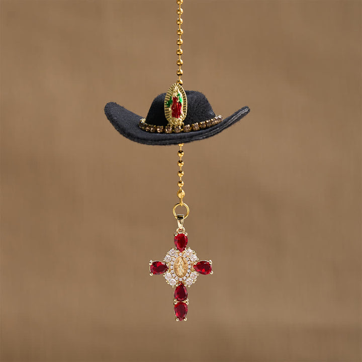 Christianartworkshop Mini Cowboy Hat Our Lady Crystal Cross Car Hanging Ornament: A Reminder of Merciful Divine Protection on Every Trip - Black - image 12