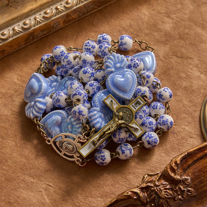 Christianartworkshop Floral Porcelain Sacred Heart Ceramic Rosary With Enamel Trimmed Crucifix - image 4