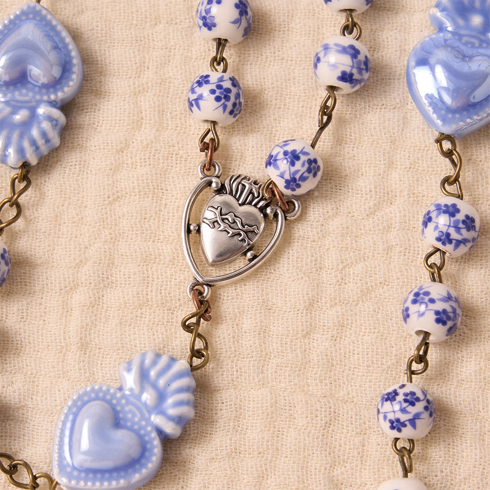 Christianartworkshop Floral Porcelain Sacred Heart Ceramic Rosary With Enamel Trimmed Crucifix - image 6