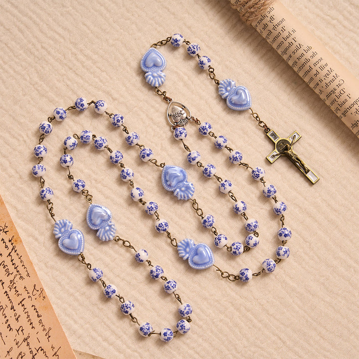 Christianartworkshop Floral Porcelain Sacred Heart Ceramic Rosary With Enamel Trimmed Crucifix - image 2