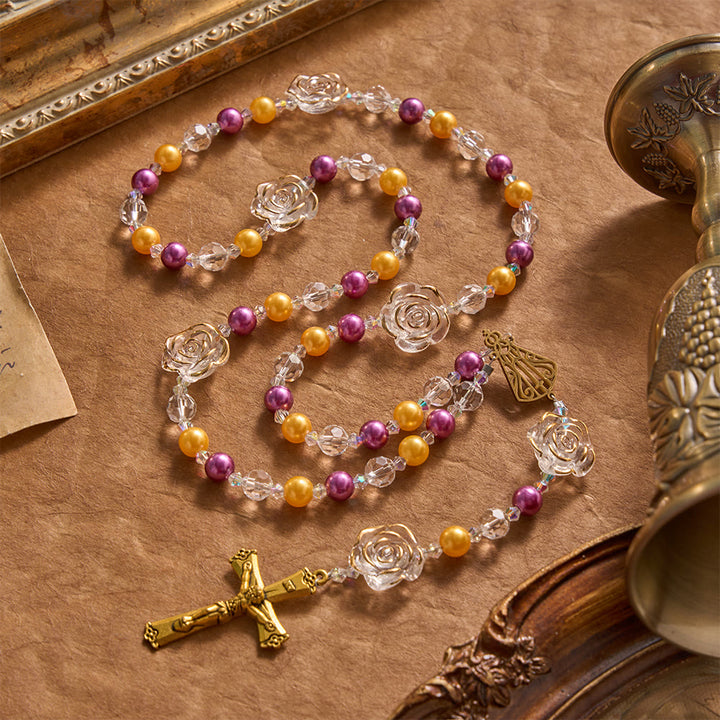 Christianartworkshop Molded Camellia Acrylic Rosary With Gilded Crucifix & Our Lady of Aparecida Filigree Medallion - Yellow & Purple Camellia Rosary - image 0