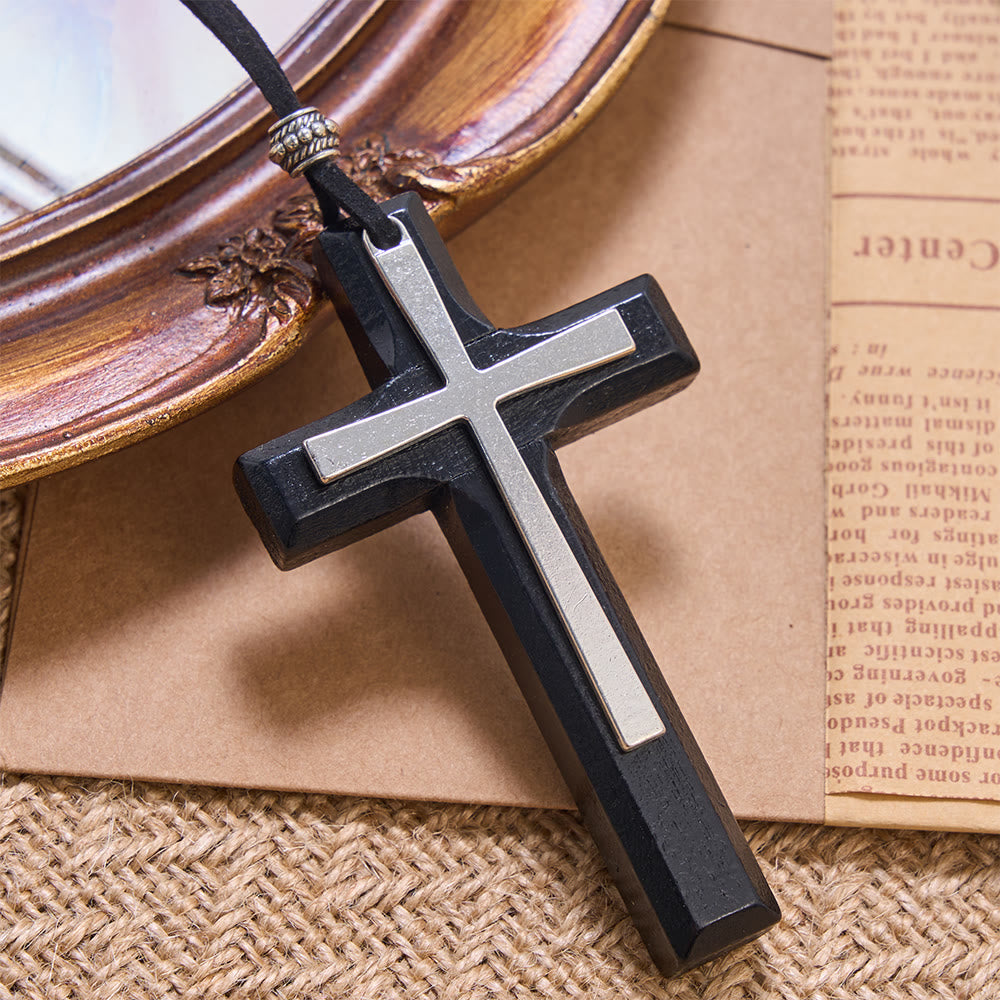 FREE Today: Minimalist Inlaid Metal Solid Wooden Cross Suede Cord Necklace: Emblem of Steadfast Heavenly Shelter - image 5