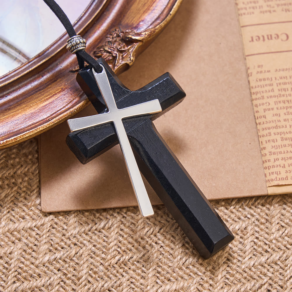 FREE Today: Minimalist Inlaid Metal Solid Wooden Cross Suede Cord Necklace: Emblem of Steadfast Heavenly Shelter - Black - image 4