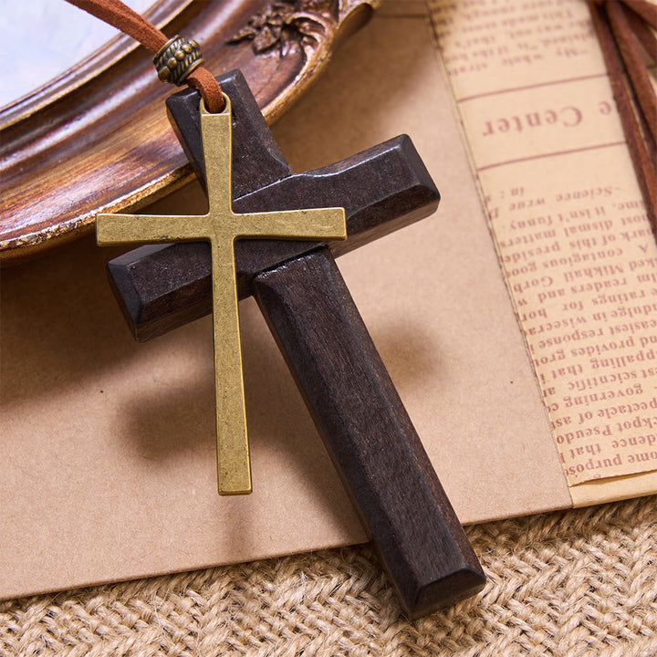 FREE Today: Minimalist Inlaid Metal Solid Wooden Cross Suede Cord Necklace: Emblem of Steadfast Heavenly Shelter - Brown - image 0