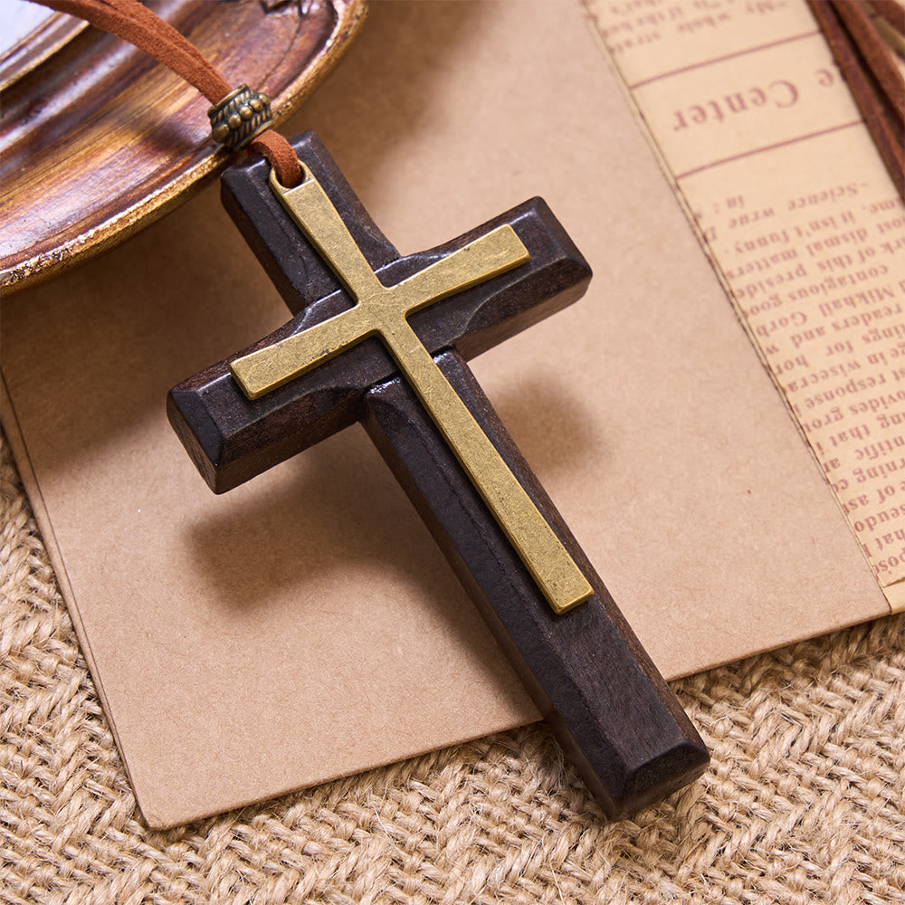 Christianartworkshop Minimalist Inlaid Metal Solid Wooden Cross Suede Cord Necklace: Emblem of Steadfast Heavenly Shelter - image 2