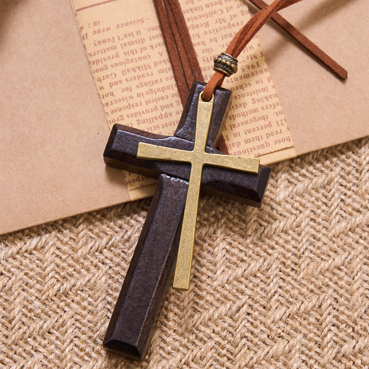 FREE Today: Minimalist Inlaid Metal Solid Wooden Cross Suede Cord Necklace: Emblem of Steadfast Heavenly Shelter - image 3