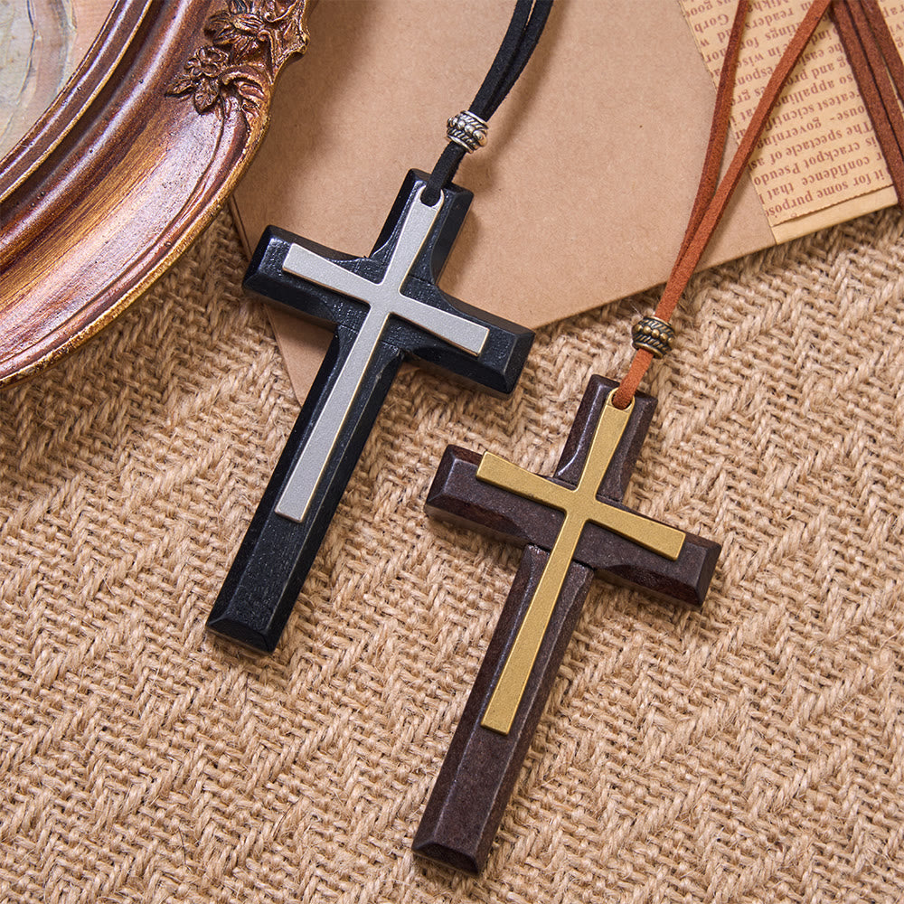 FREE Today: Minimalist Inlaid Metal Solid Wooden Cross Suede Cord Necklace: Emblem of Steadfast Heavenly Shelter - image 1