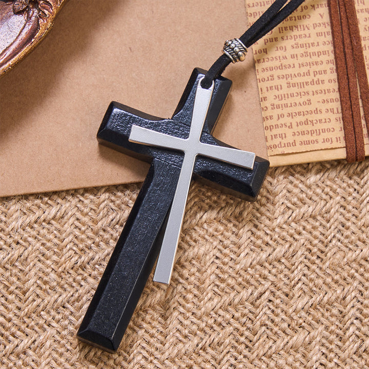 Christianartworkshop Minimalist Inlaid Metal Solid Wooden Cross Suede Cord Necklace: Emblem of Steadfast Heavenly Shelter - image 6