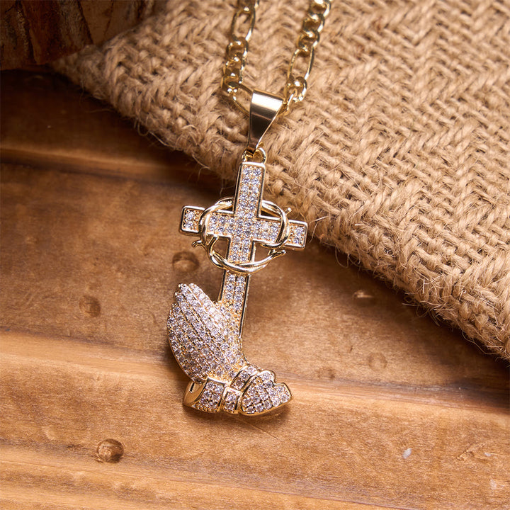 Christianartworkshop Full Pavé Crystal Thorn Cross Prayer Hands Figaro Chain Necklace: Emblem of Merciful Heavenly Redemption - The Praying Hands & Thorn Cross - image 0