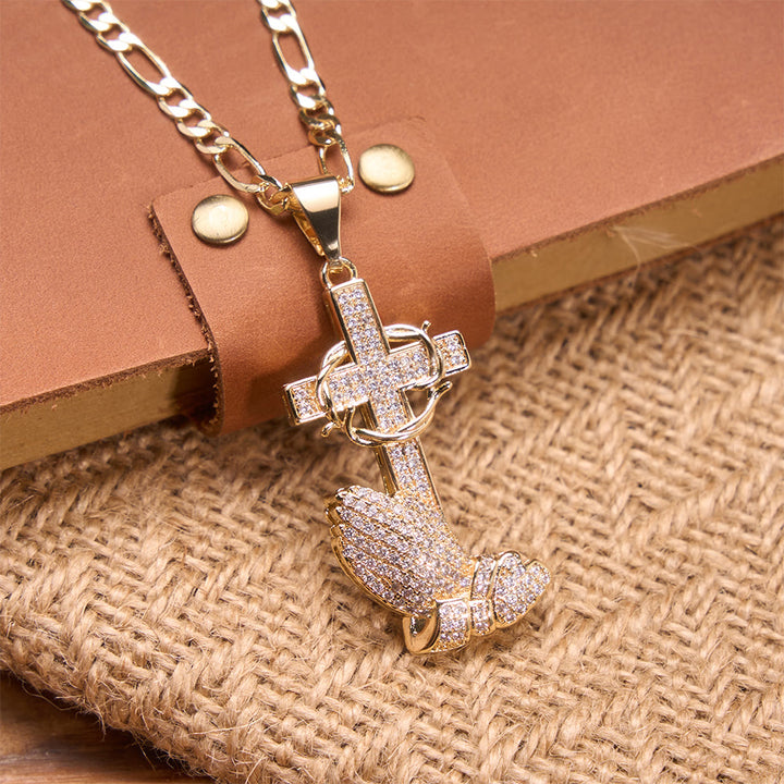 FREE Today: Full Pavé Crystal Thorn Cross Prayer Hands Figaro Chain Necklace: Emblem of Merciful Heavenly Redemption - image 1
