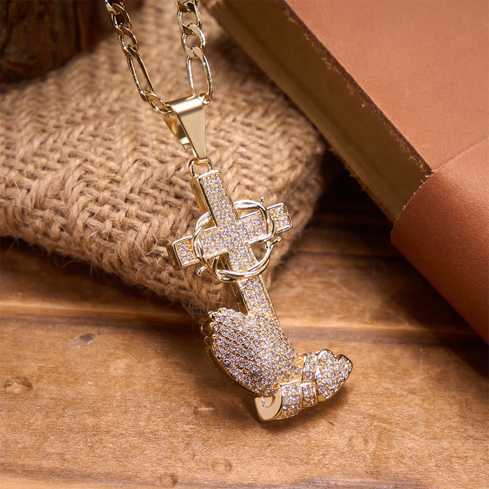 FREE Today: Full Pavé Crystal Thorn Cross Prayer Hands Figaro Chain Necklace: Emblem of Merciful Heavenly Redemption - image 2