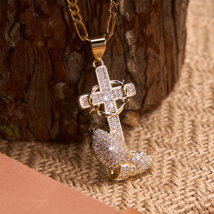 Christianartworkshop Full Pavé Crystal Thorn Cross Prayer Hands Figaro Chain Necklace: Emblem of Merciful Heavenly Redemption - image 3