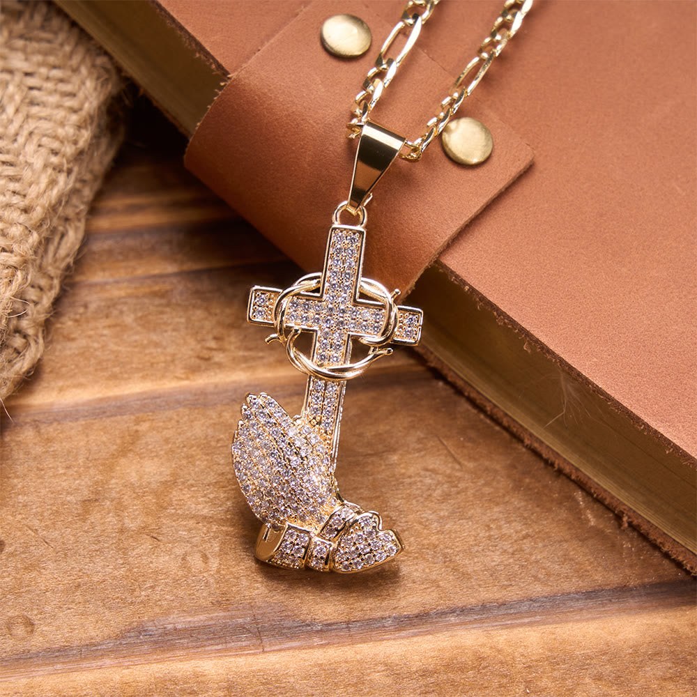 FREE Today: Full Pavé Crystal Thorn Cross Prayer Hands Figaro Chain Necklace: Emblem of Merciful Heavenly Redemption - image 4