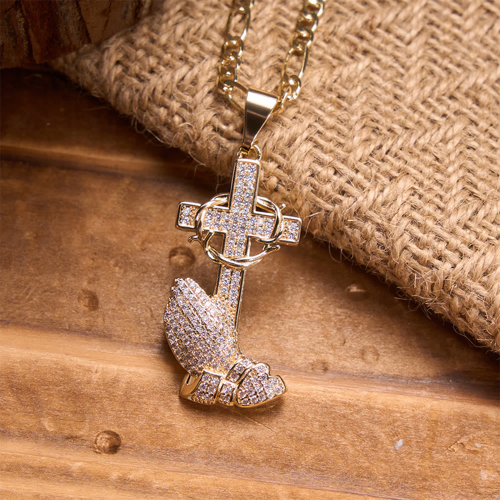 FREE Today: Full Pavé Crystal Thorn Cross Prayer Hands Figaro Chain Necklace: Emblem of Merciful Heavenly Redemption - The Praying Hands & Thorn Cross - image 0