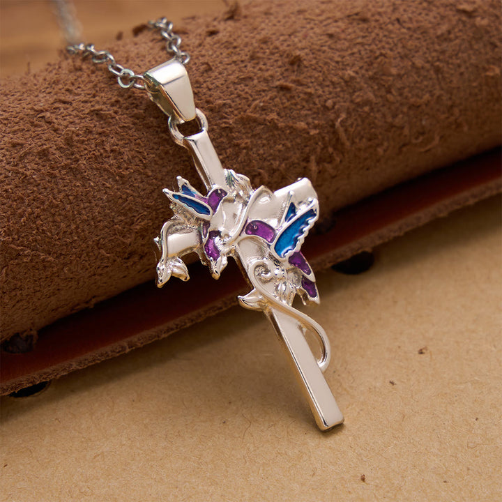 FREE Today: Hand Enamel Hummingbird Wrapped Slim Cross Chain Necklace: Emblem of Gentle Heavenly Blessing - image 1
