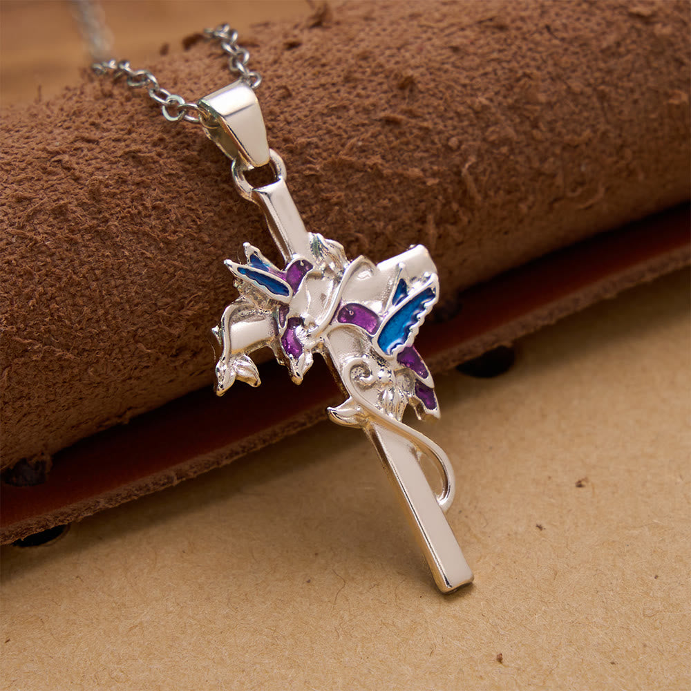 Christianartworkshop Hand Enamel Hummingbird Wrapped Slim Cross Chain Necklace: Emblem of Gentle Heavenly Blessing - image 1