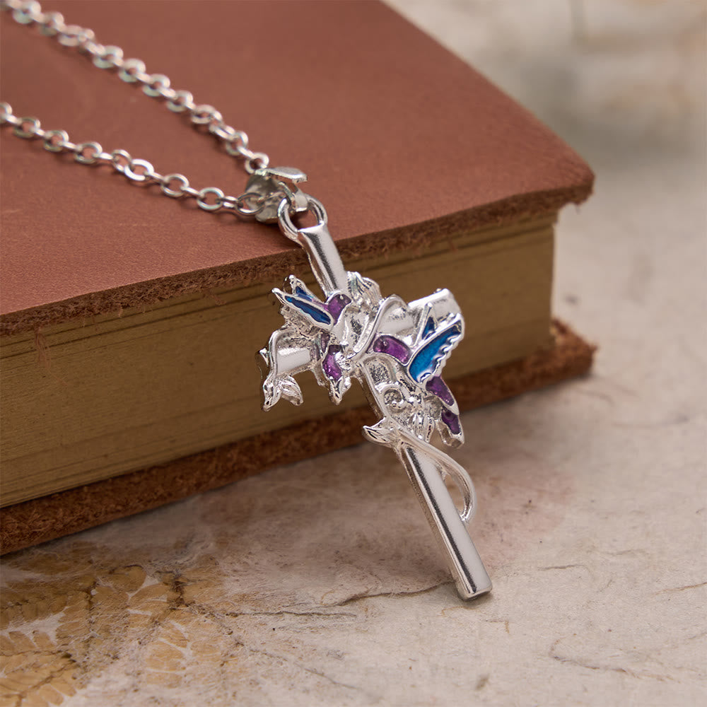 FREE Today: Hand Enamel Hummingbird Wrapped Slim Cross Chain Necklace: Emblem of Gentle Heavenly Blessing - image 2