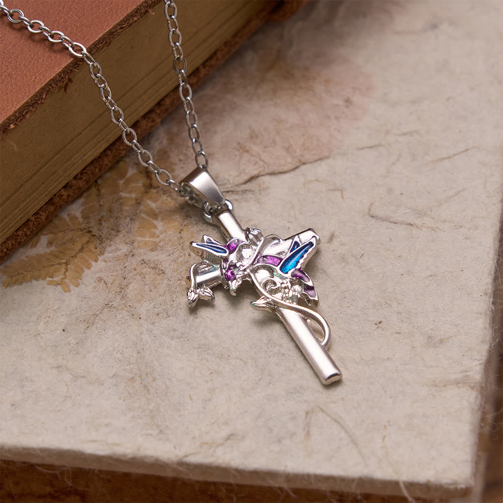 FREE Today: Hand Enamel Hummingbird Wrapped Slim Cross Chain Necklace: Emblem of Gentle Heavenly Blessing - image 3