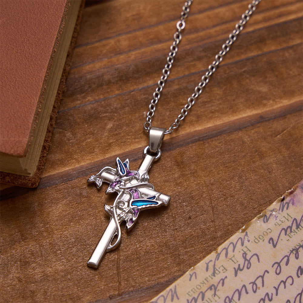 FREE Today: Hand Enamel Hummingbird Wrapped Slim Cross Chain Necklace: Emblem of Gentle Heavenly Blessing - Hummingbird Cross - image 0