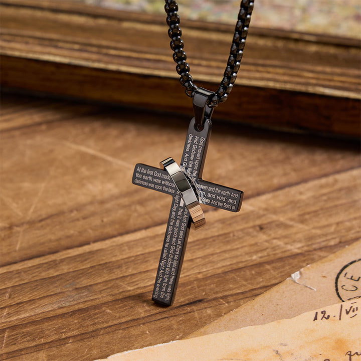 Christianartworkshop Ring Wrapped Laser Scripture Titanium Steel Cross Box Chain Necklace: Emblem of Everlasting Heavenly Promise - Black - image 4