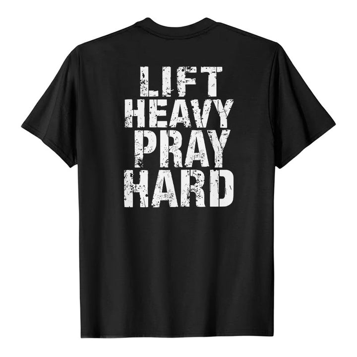 Christianartworkshop Dual-Side Lift Heavy Pray Hard Distressed Letter Print Classic T-Shirt - Black - 2XL - image 15