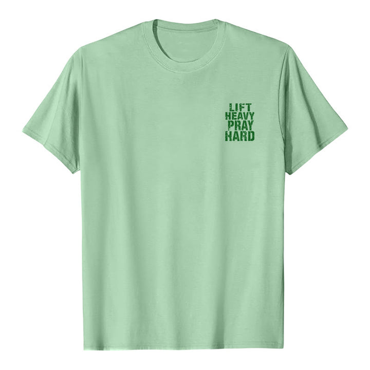 Christianartworkshop Dual-Side Lift Heavy Pray Hard Distressed Letter Print Classic T-Shirt - image 26
