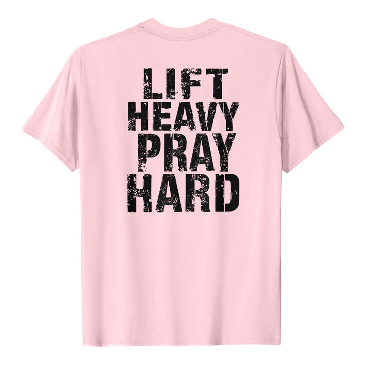 Christianartworkshop Dual-Side Lift Heavy Pray Hard Distressed Letter Print Classic T-Shirt - Pink - 2XL - image 0