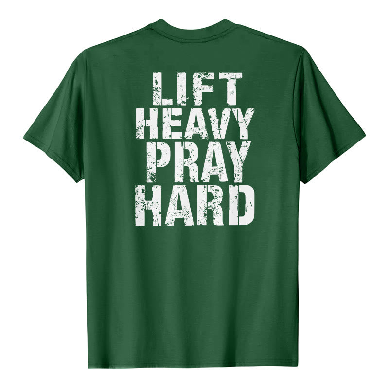 Christianartworkshop Dual-Side Lift Heavy Pray Hard Distressed Letter Print Classic T-Shirt - Dark Green - 2XL - image 12