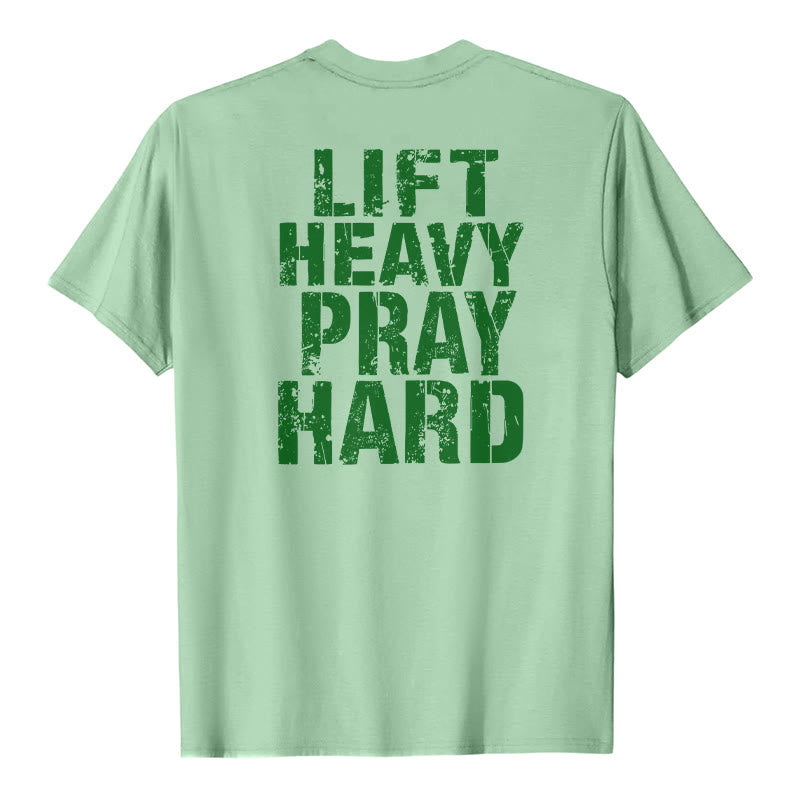 Christianartworkshop Dual-Side Lift Heavy Pray Hard Distressed Letter Print Classic T-Shirt - Light Green - 2XL - image 24