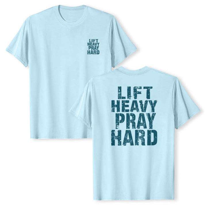 Christianartworkshop Dual-Side Lift Heavy Pray Hard Distressed Letter Print Classic T-Shirt - image 19