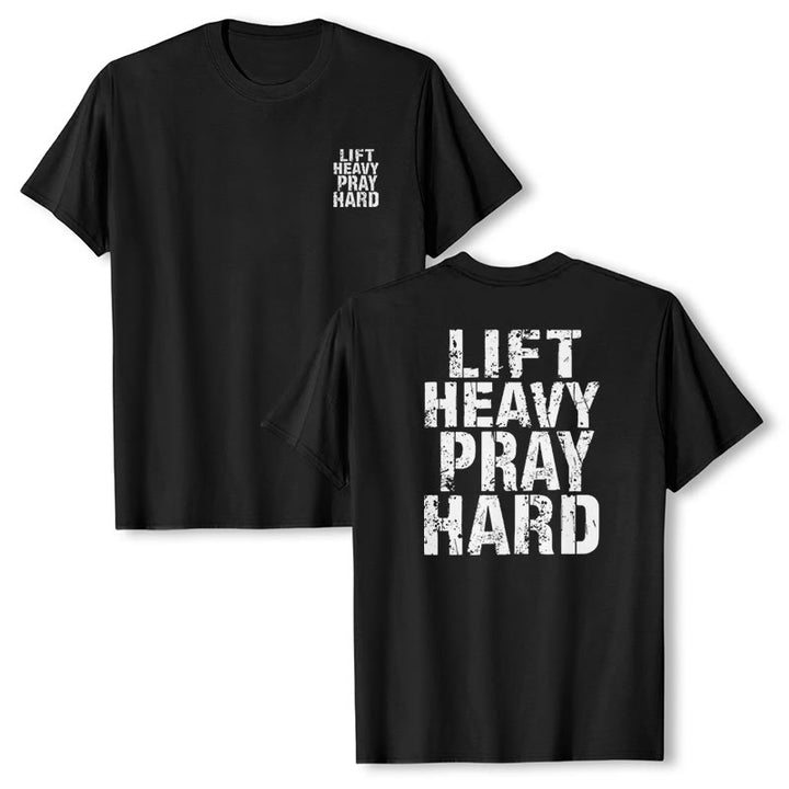Christianartworkshop Dual-Side Lift Heavy Pray Hard Distressed Letter Print Classic T-Shirt - image 16