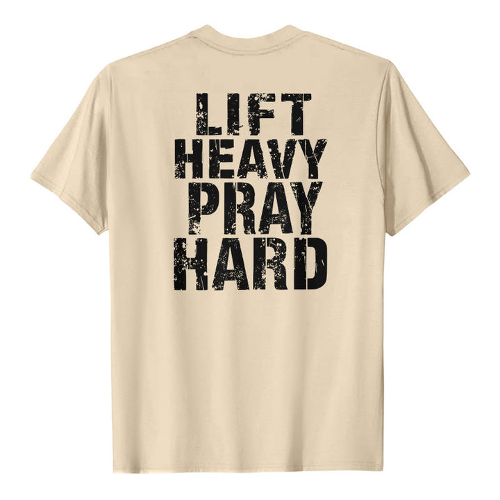Christianartworkshop Dual-Side Lift Heavy Pray Hard Distressed Letter Print Classic T-Shirt - Beige - 2XL - image 6