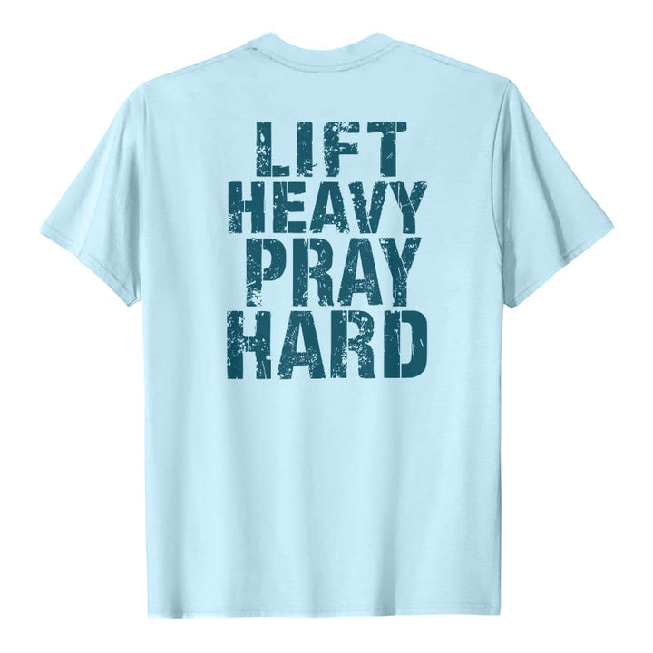 Christianartworkshop Dual-Side Lift Heavy Pray Hard Distressed Letter Print Classic T-Shirt - Blue - 2XL - image 18