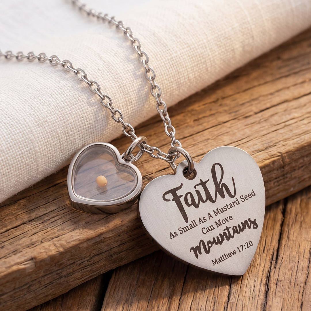 FREE Today: Dual Heart Locket Mustard Seed Matthew 17:20 Scripture Necklace: Emblem of Mighty Unwavering Faith - Silver - image 0