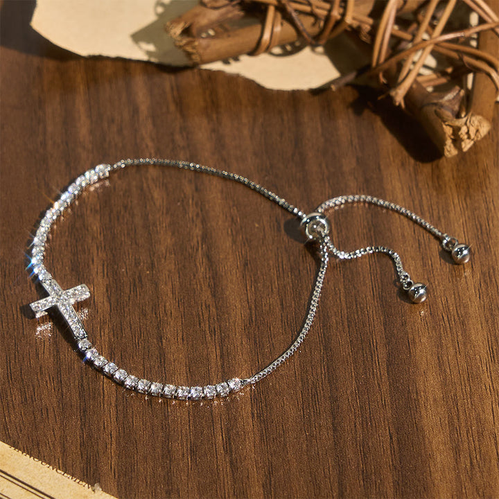 Christianartworkshop Full Pavé Sparkling Zircon Cross Pull Adjustable Tennis Bracelet: Emblem of Radiant Heavenly Guidance - Silver - image 0