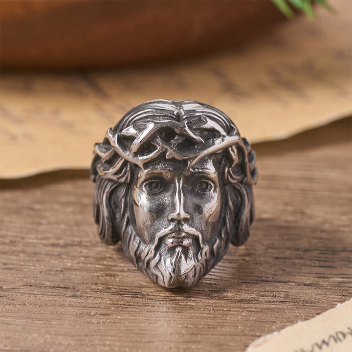 FREE Today: Solid Relief Crown of Thorns Holy Portrait Two-Tone Metal Statement Ring: Emblem of Boundless Heavenly Mercy - Silver - US 13 - image 4